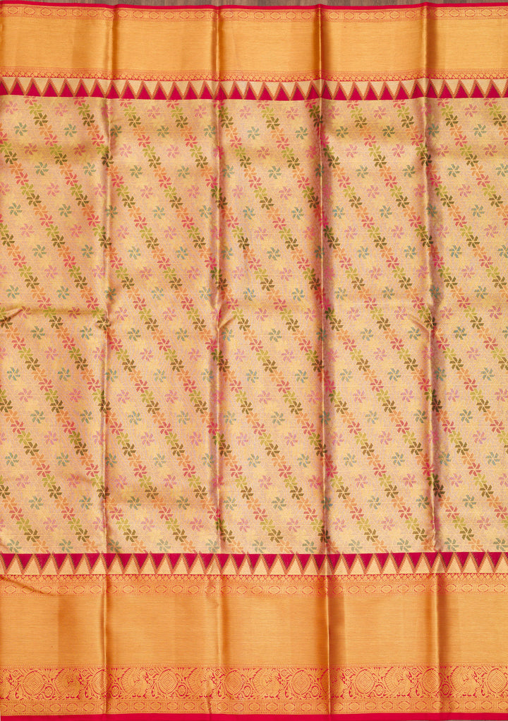 Gold Silk Jaal Printed Saree With Matching Blouse Piece