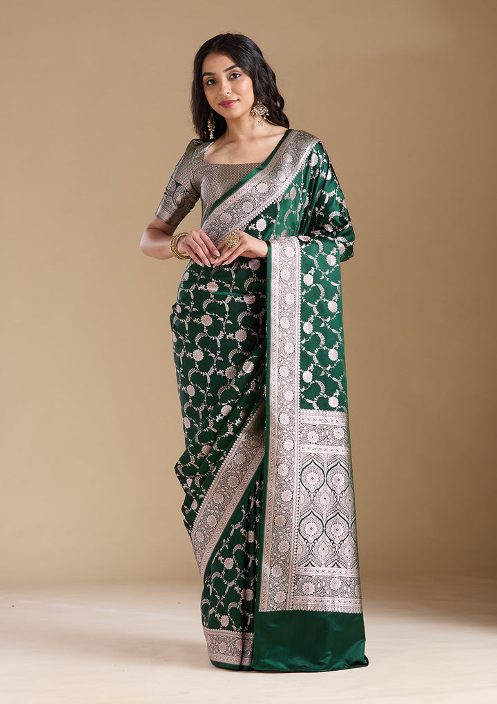 Bottle Green Silk Jaal Silver Zariwork Saree With Matching Blouse Piece