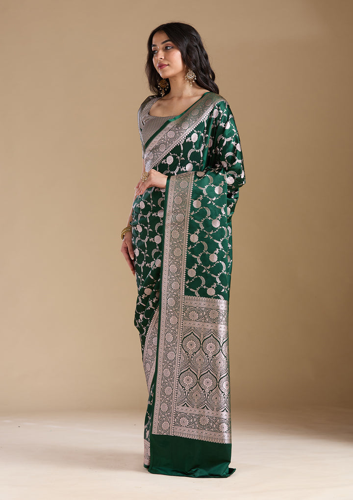 Bottle Green Silk Jaal Silver Zariwork Saree With Matching Blouse Piece