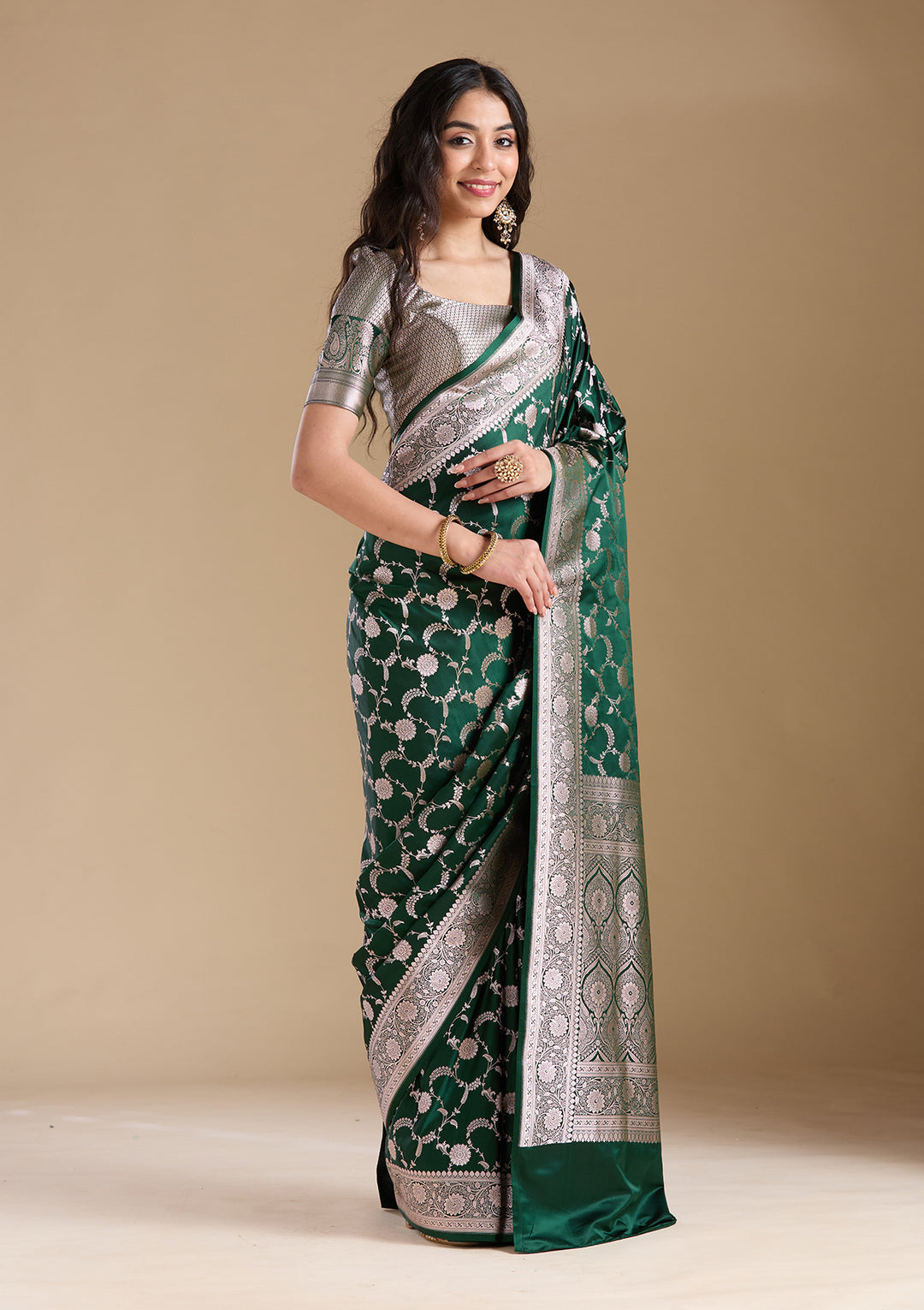Bottle Green Silk Jaal Silver Zariwork Saree With Matching Blouse Piece