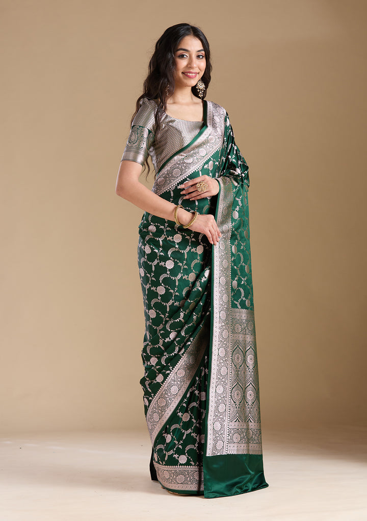 Bottle Green Silk Jaal Silver Zariwork Saree With Matching Blouse Piece