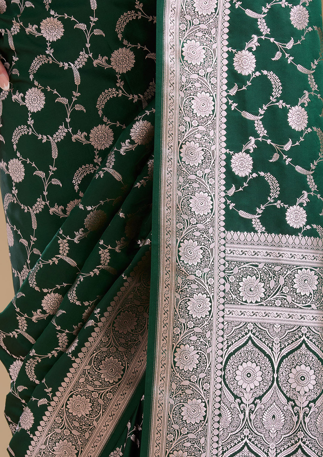 Bottle Green Silk Jaal Silver Zariwork Saree With Matching Blouse Piece