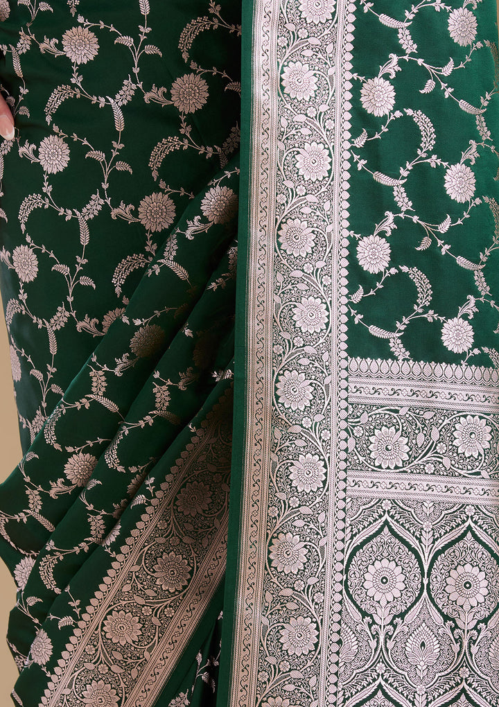 Bottle Green Silk Jaal Silver Zariwork Saree With Matching Blouse Piece