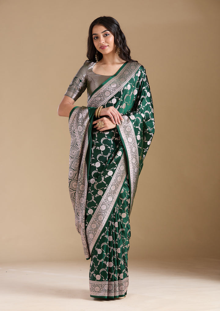 Bottle Green Silk Jaal Silver Zariwork Saree With Matching Blouse Piece