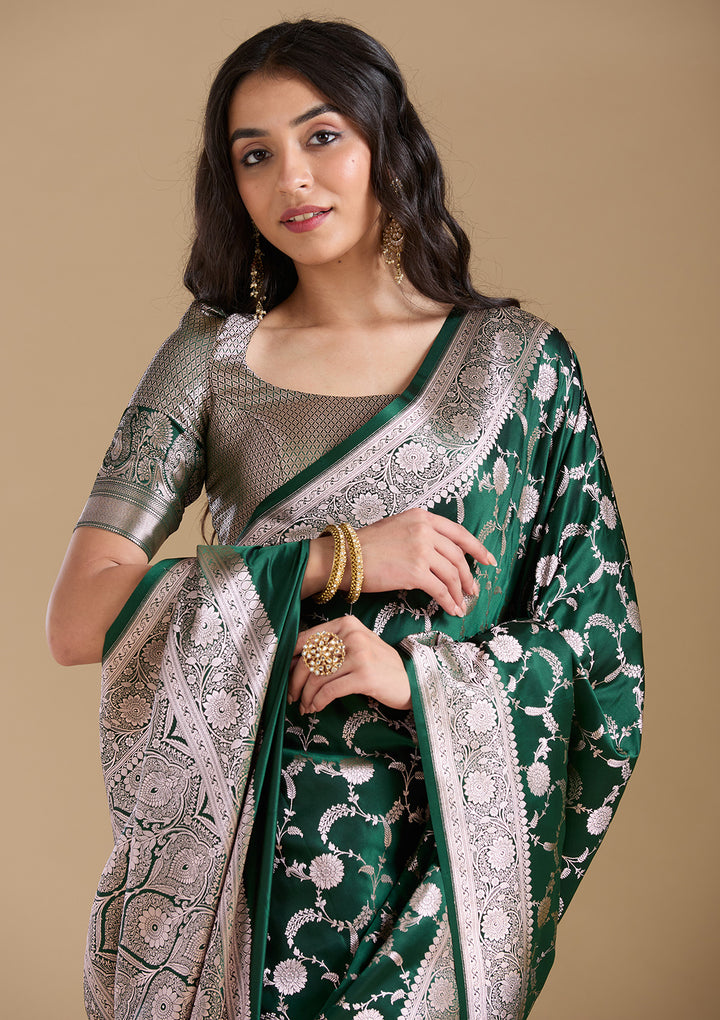 Bottle Green Silk Jaal Silver Zariwork Saree With Matching Blouse Piece