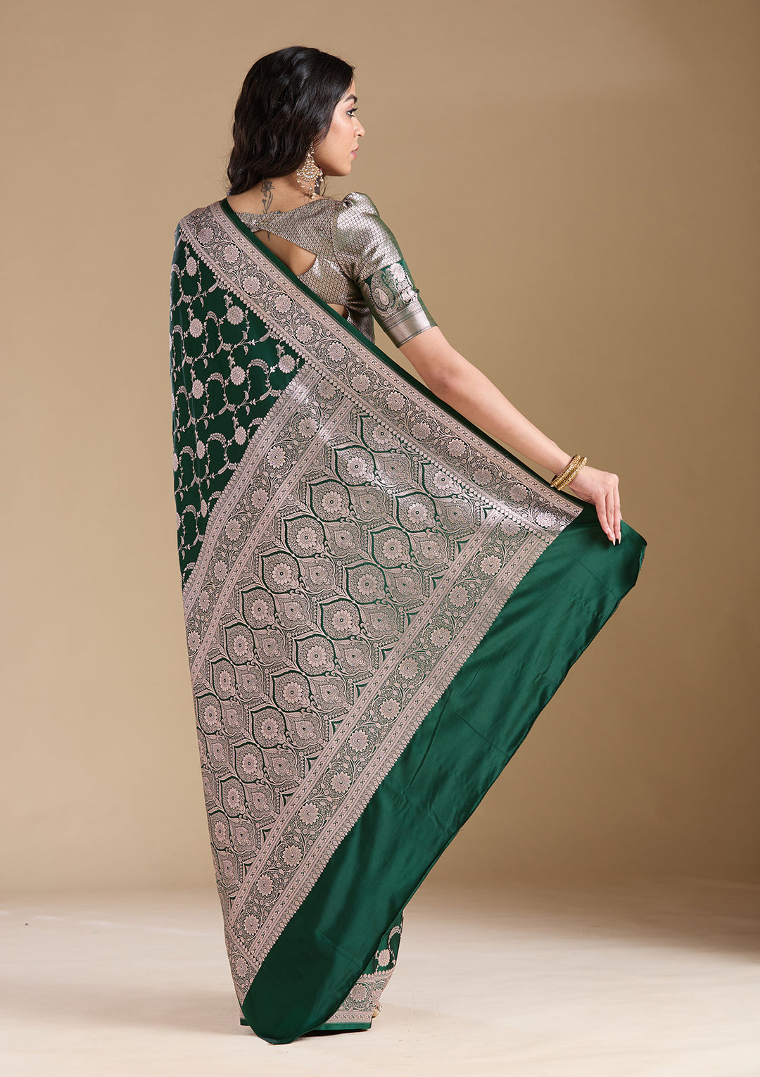 Bottle Green Silk Jaal Silver Zariwork Saree With Matching Blouse Piece