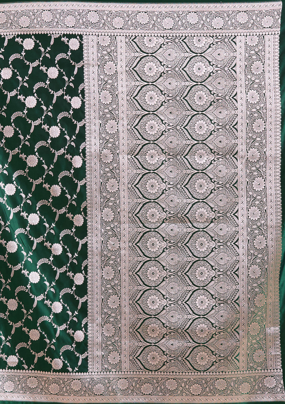 Bottle Green Silk Jaal Silver Zariwork Saree With Matching Blouse Piece