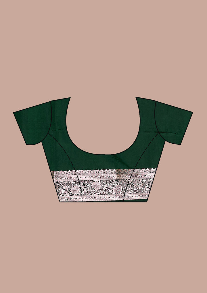 Bottle Green Silk Jaal Silver Zariwork Saree With Matching Blouse Piece