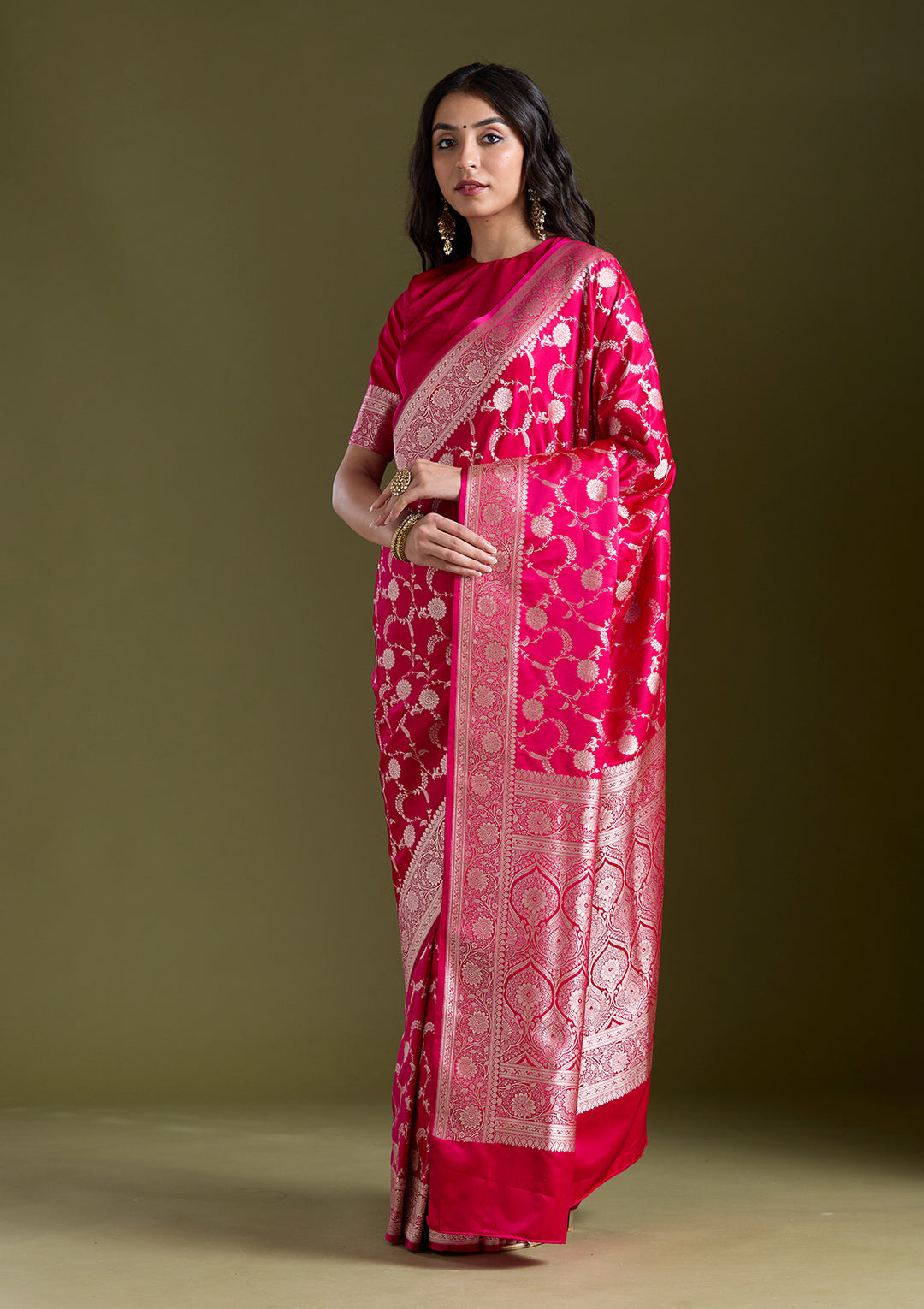 Rani Pink Silk Jaal Silver Zariwork Saree With Matching Blouse Piece