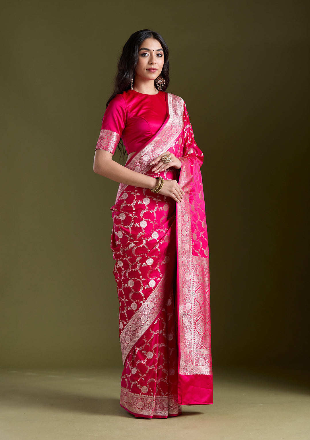 Rani Pink Silk Jaal Silver Zariwork Saree With Matching Blouse Piece