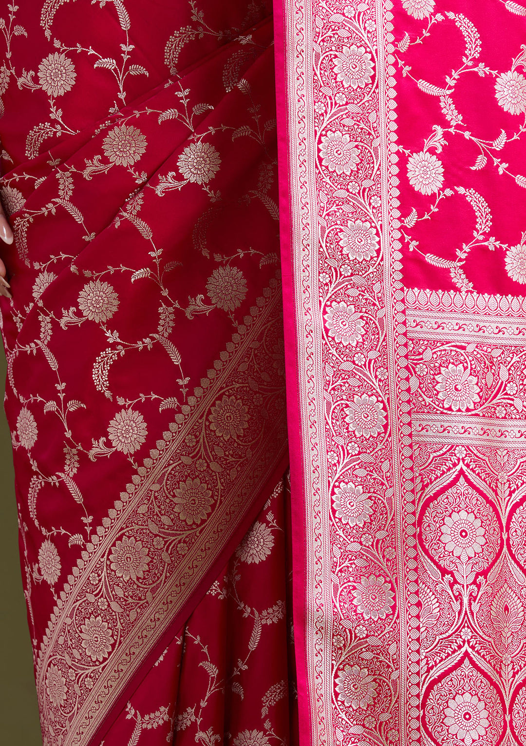 Rani Pink Silk Jaal Silver Zariwork Saree With Matching Blouse Piece
