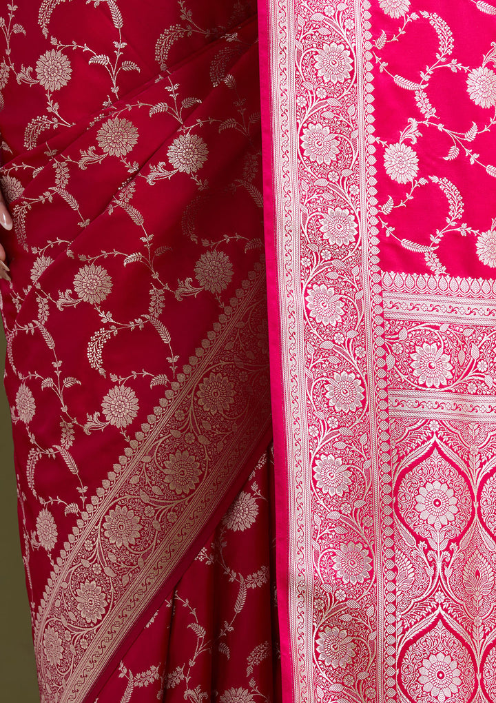 Rani Pink Silk Jaal Silver Zariwork Saree With Matching Blouse Piece