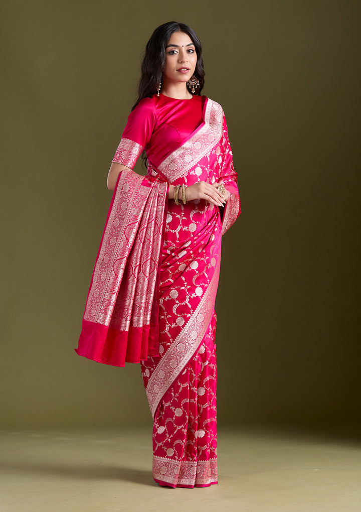 Rani Pink Silk Jaal Silver Zariwork Saree With Matching Blouse Piece