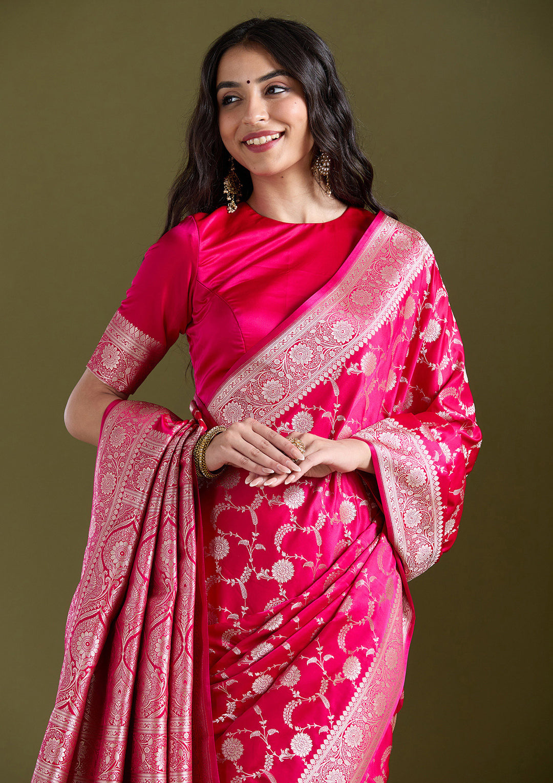 Rani Pink Silk Jaal Silver Zariwork Saree With Matching Blouse Piece