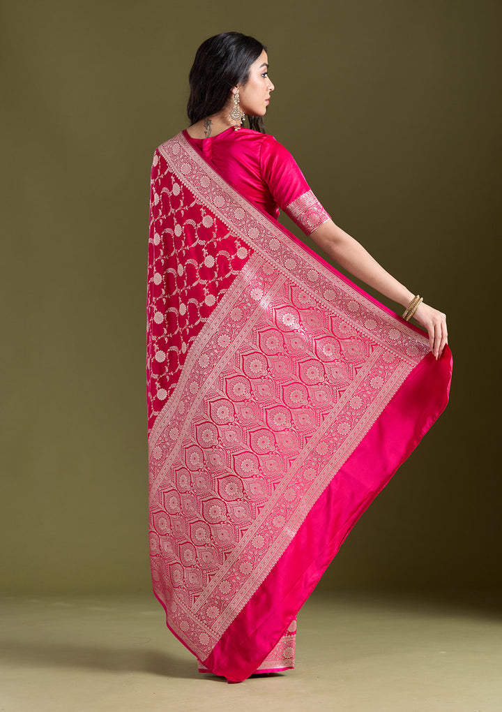 Rani Pink Silk Jaal Silver Zariwork Saree With Matching Blouse Piece