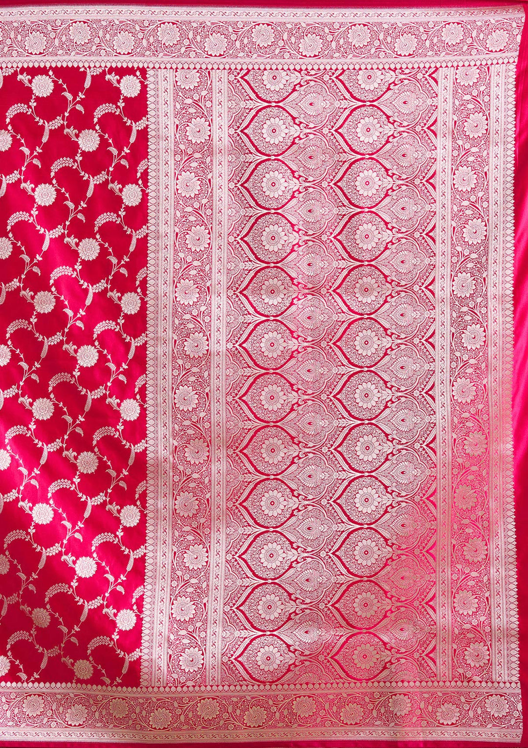 Rani Pink Silk Jaal Silver Zariwork Saree With Matching Blouse Piece