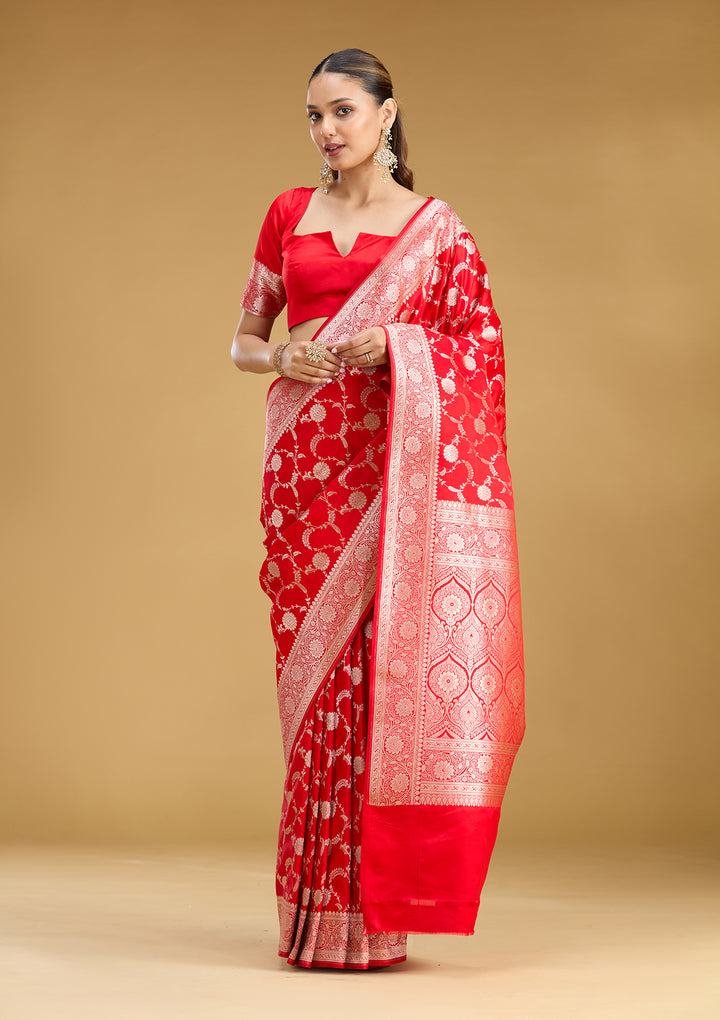 Red Silk Jaal Silver Zariwork Saree With Matching Blouse Piece