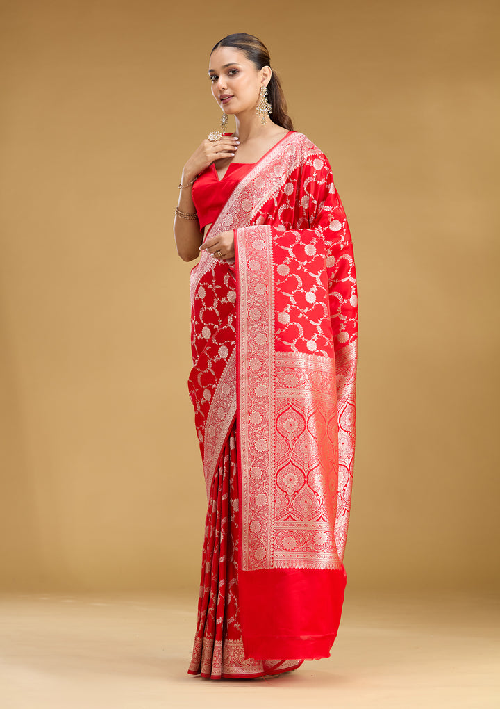 Red Silk Jaal Silver Zariwork Saree With Matching Blouse Piece