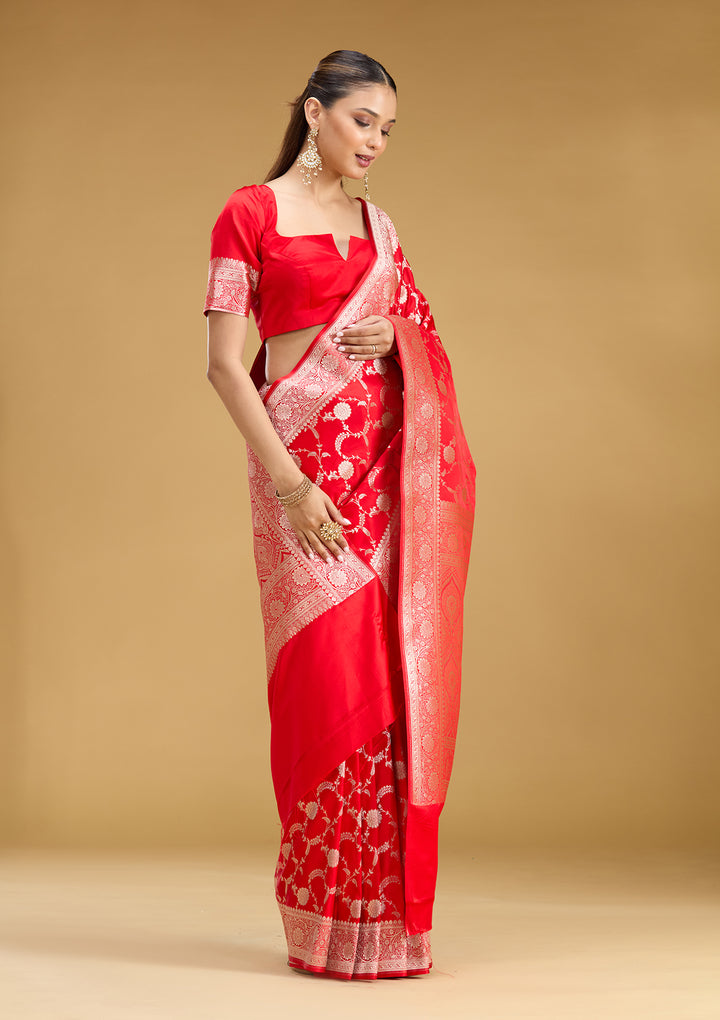 Red Silk Jaal Silver Zariwork Saree With Matching Blouse Piece