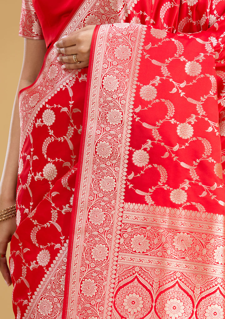 Red Silk Jaal Silver Zariwork Saree With Matching Blouse Piece