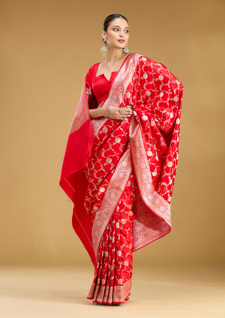 Red Silk Jaal Silver Zariwork Saree With Matching Blouse Piece