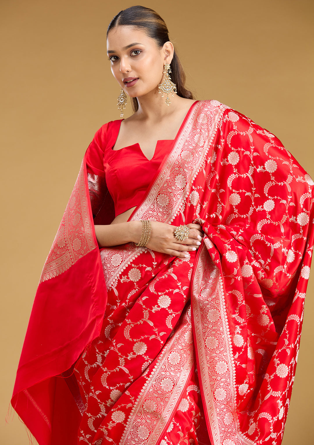 Red Silk Jaal Silver Zariwork Saree With Matching Blouse Piece