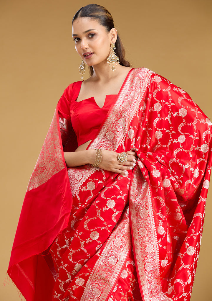 Red Silk Jaal Silver Zariwork Saree With Matching Blouse Piece