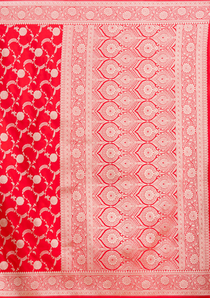 Red Silk Jaal Silver Zariwork Saree With Matching Blouse Piece