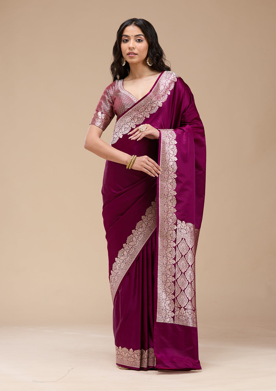 Purple Silk Plain Gold Zariwork Saree With Matching Blouse Piece