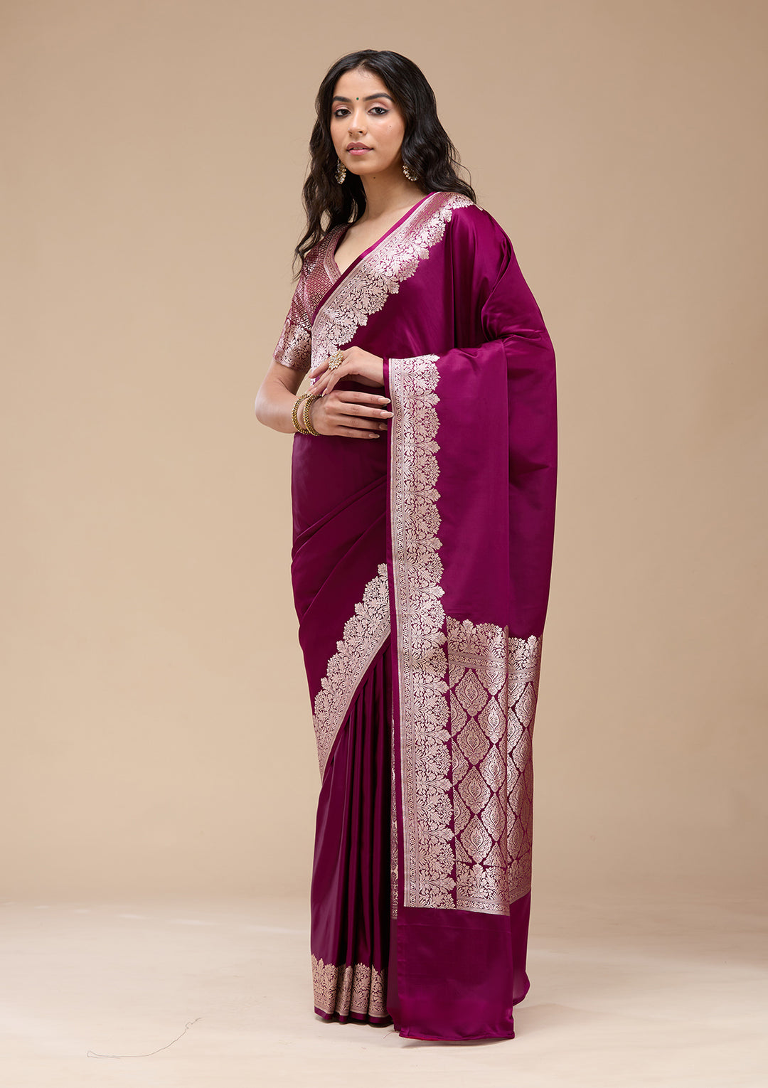 Purple Silk Plain Gold Zariwork Saree With Matching Blouse Piece