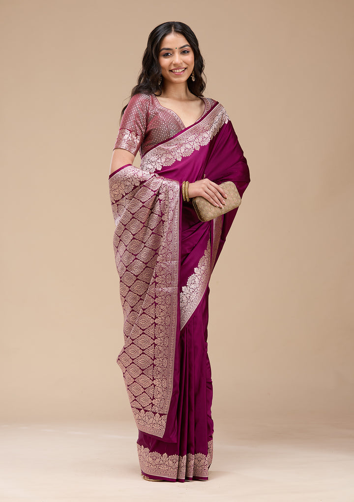 Purple Silk Plain Gold Zariwork Saree With Matching Blouse Piece