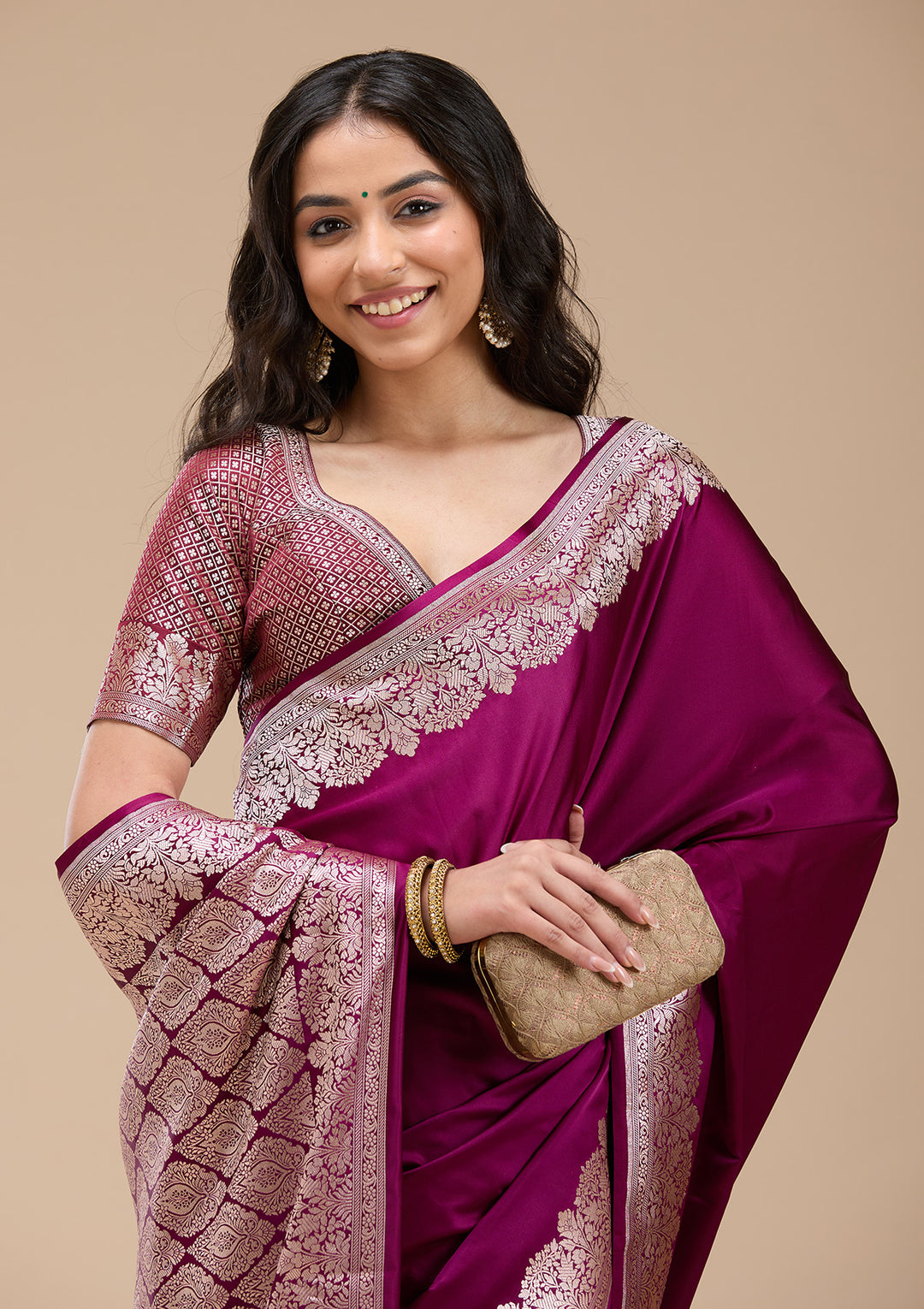 Purple Silk Plain Gold Zariwork Saree With Matching Blouse Piece