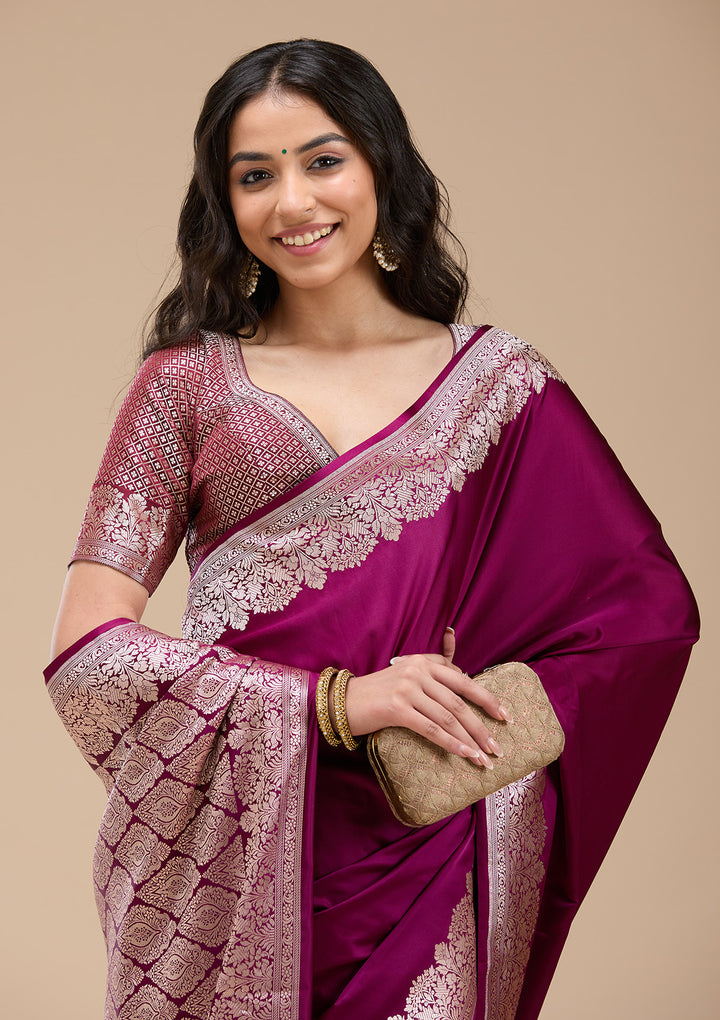 Purple Silk Plain Gold Zariwork Saree With Matching Blouse Piece