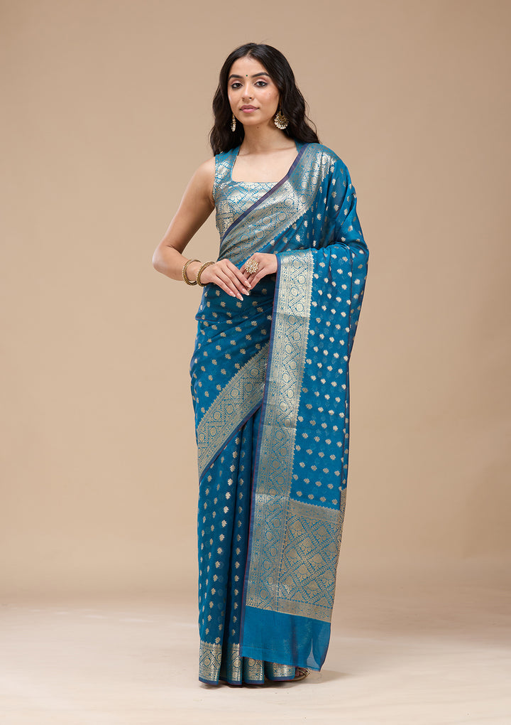 Navy Blue Silk Jaal Gold Zariwork Saree With Matching Blouse Piece