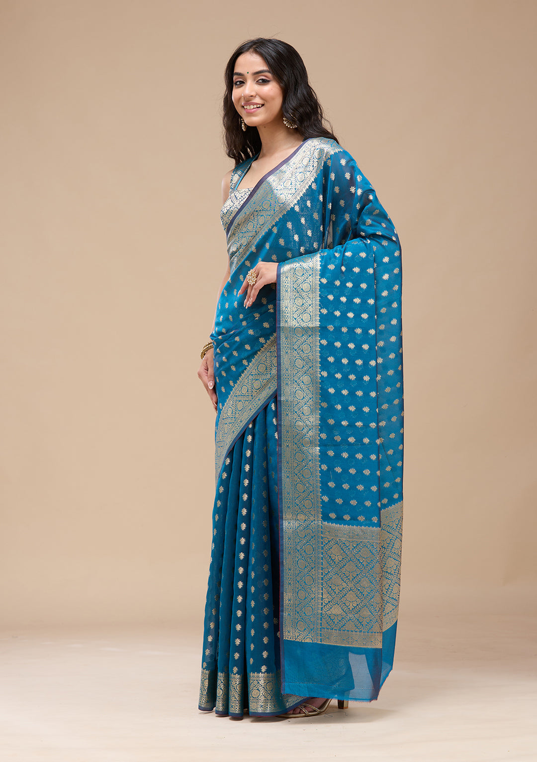Navy Blue Silk Jaal Gold Zariwork Saree With Matching Blouse Piece
