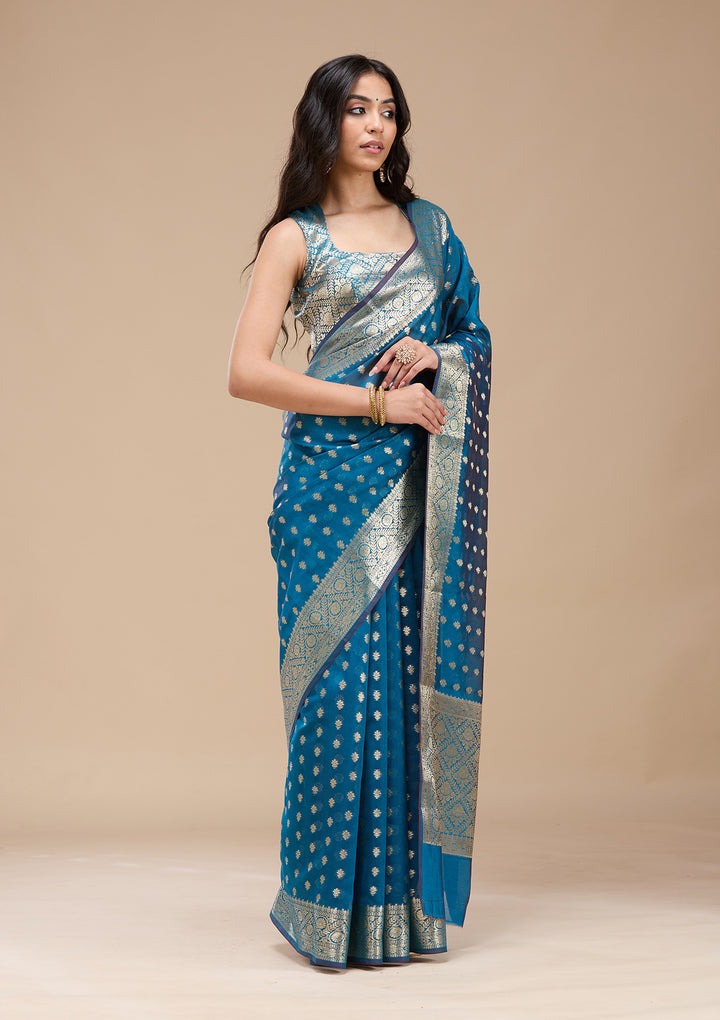 Navy Blue Silk Jaal Gold Zariwork Saree With Matching Blouse Piece