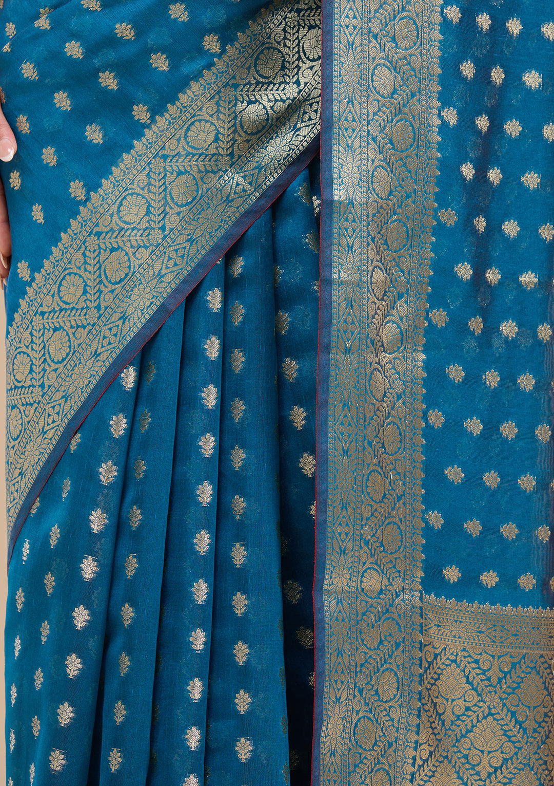 Navy Blue Silk Jaal Gold Zariwork Saree With Matching Blouse Piece