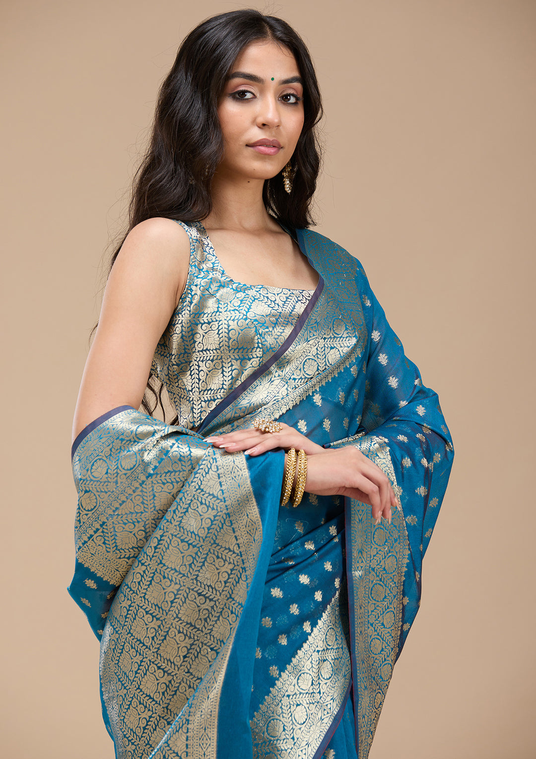 Navy Blue Silk Jaal Gold Zariwork Saree With Matching Blouse Piece
