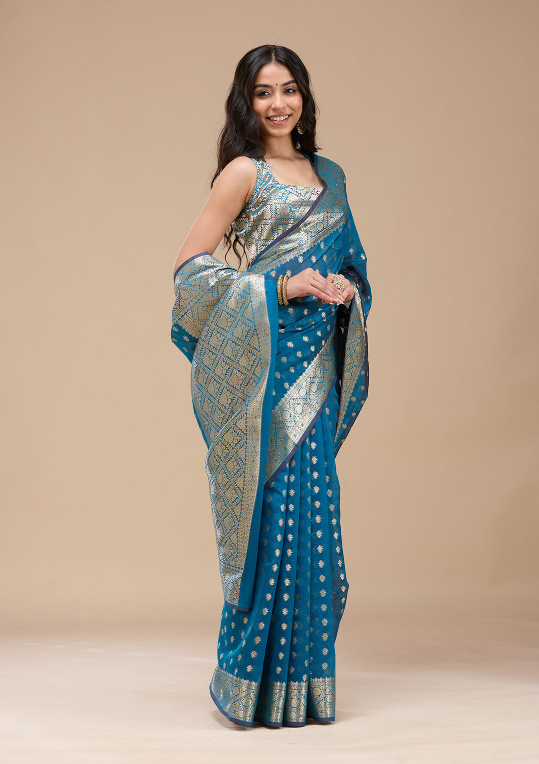 Navy Blue Silk Jaal Gold Zariwork Saree With Matching Blouse Piece