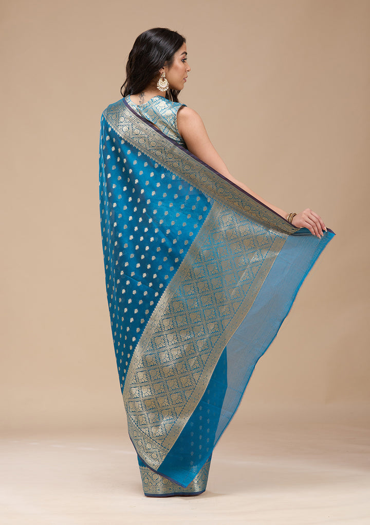 Navy Blue Silk Jaal Gold Zariwork Saree With Matching Blouse Piece