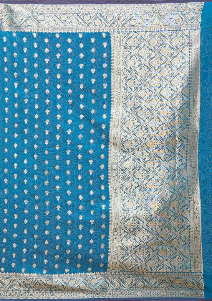 Navy Blue Silk Jaal Gold Zariwork Saree With Matching Blouse Piece