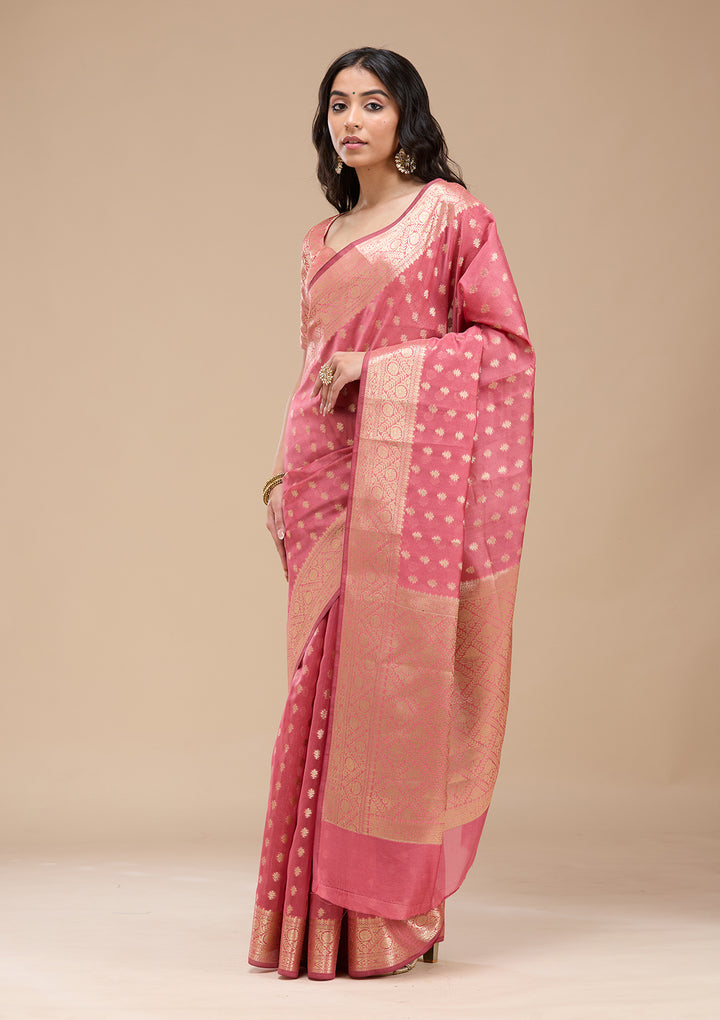 Onion Pink Silk Jaal Gold Zariwork Saree With Matching Blouse Piece
