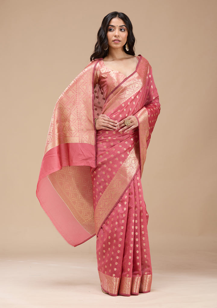 Onion Pink Silk Jaal Gold Zariwork Saree With Matching Blouse Piece