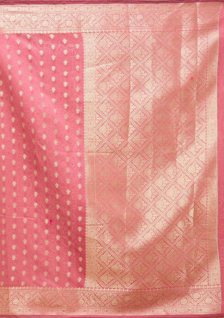 Onion Pink Silk Jaal Gold Zariwork Saree With Matching Blouse Piece