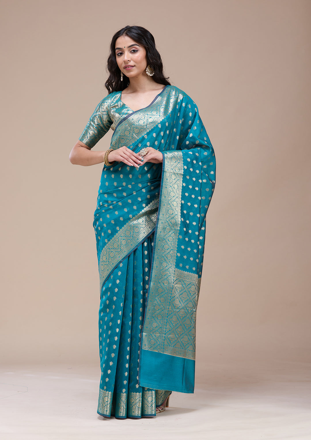 Rama Green Silk Jaal Gold Zariwork Saree With Matching Blouse Piece