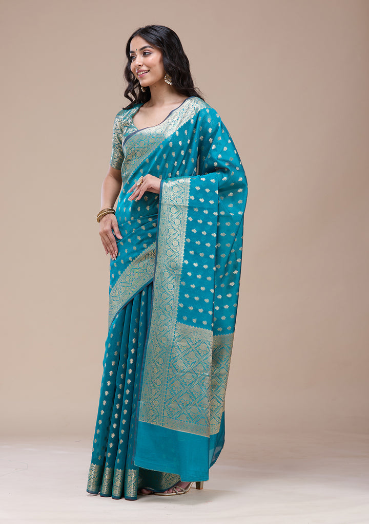 Rama Green Silk Jaal Gold Zariwork Saree With Matching Blouse Piece
