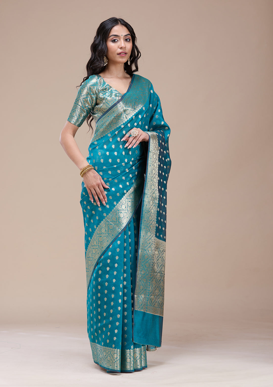 Rama Green Silk Jaal Gold Zariwork Saree With Matching Blouse Piece