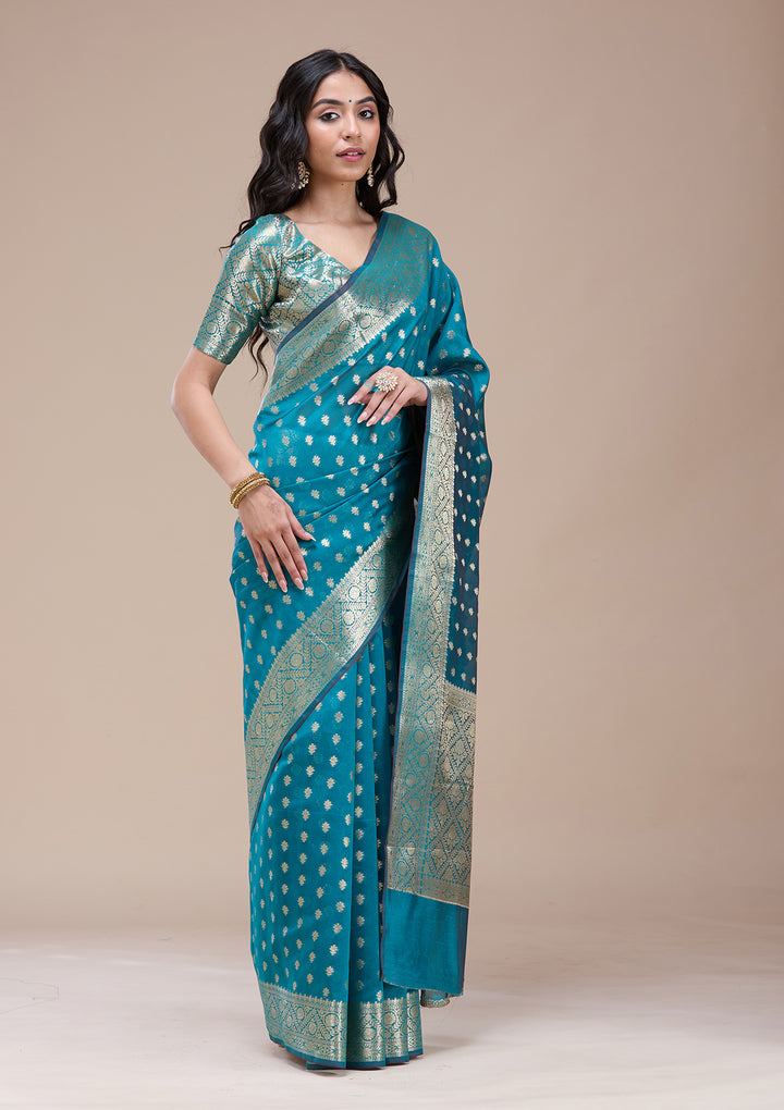 Rama Green Silk Jaal Gold Zariwork Saree With Matching Blouse Piece
