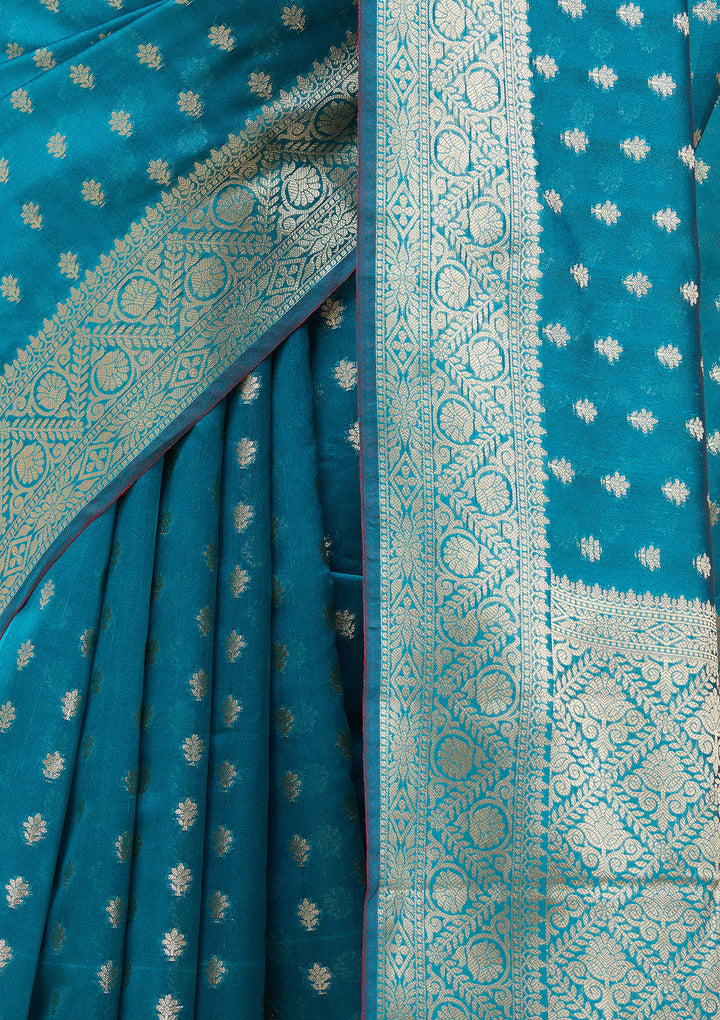 Rama Green Silk Jaal Gold Zariwork Saree With Matching Blouse Piece