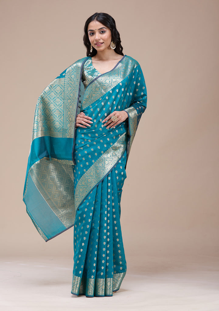 Rama Green Silk Jaal Gold Zariwork Saree With Matching Blouse Piece